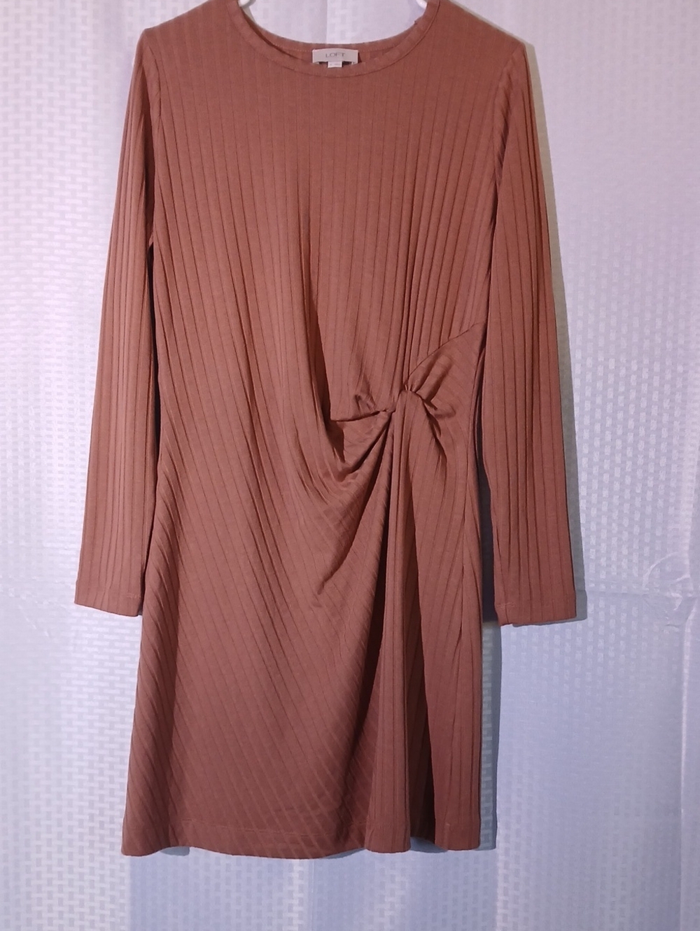 LOFT Long-Sleeve Twist-Front Ribbed Dress in Dusty Rose Brown
